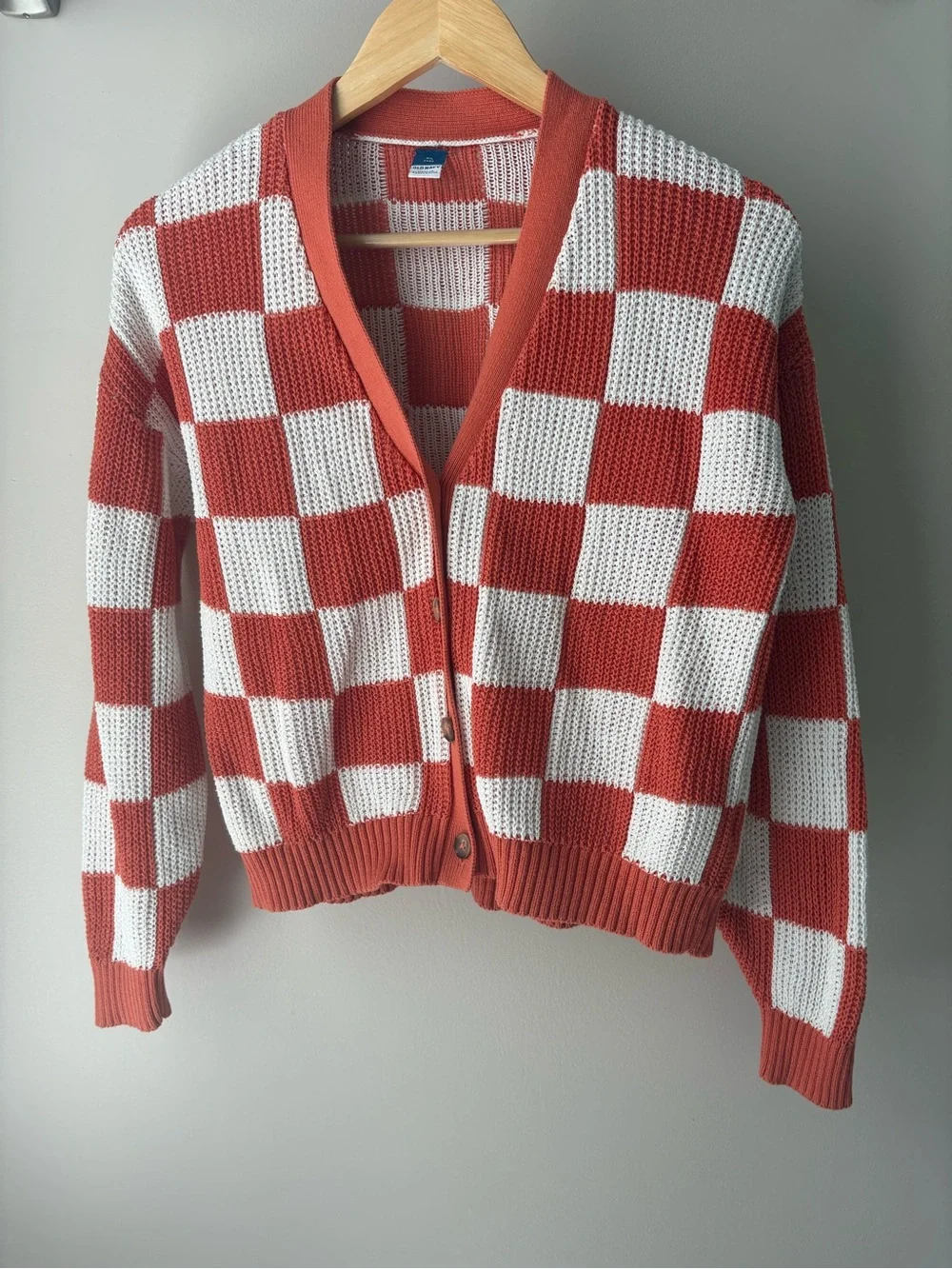 OLD NAVY NWOT Checkerboard Knit Cardigan Sweater 100% Cotton Loose Size 12 (XL)